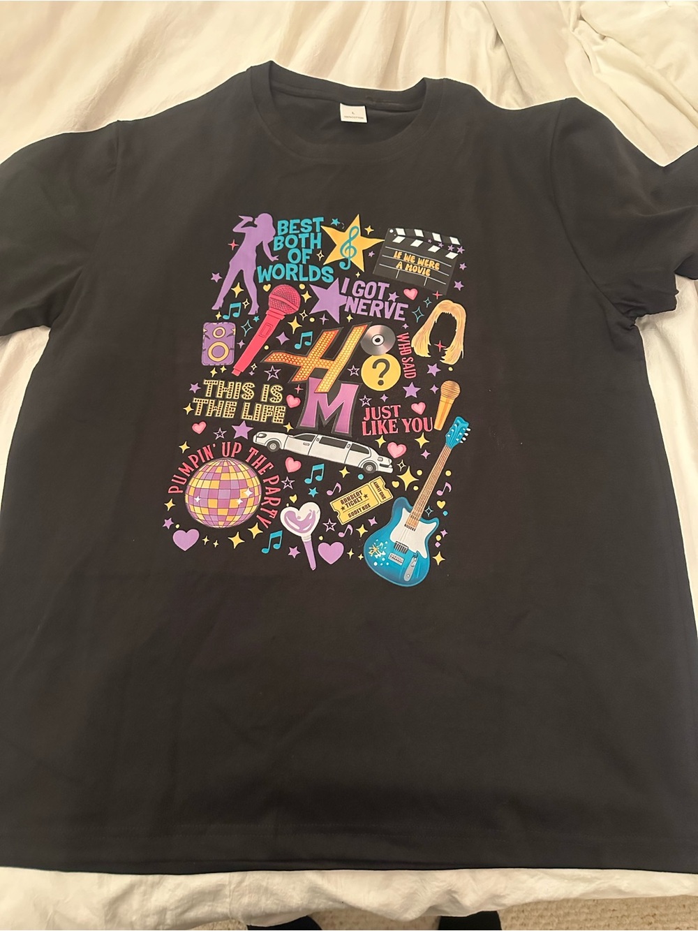 Black Graphic T‑Shirt with Colorful Music Print Hannah Montana